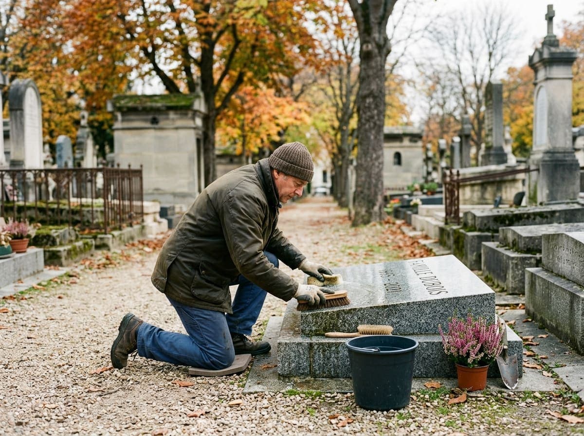 Artisan Gardien du Souvenir nettoyant une sépulture au cimetière avec brosse douce