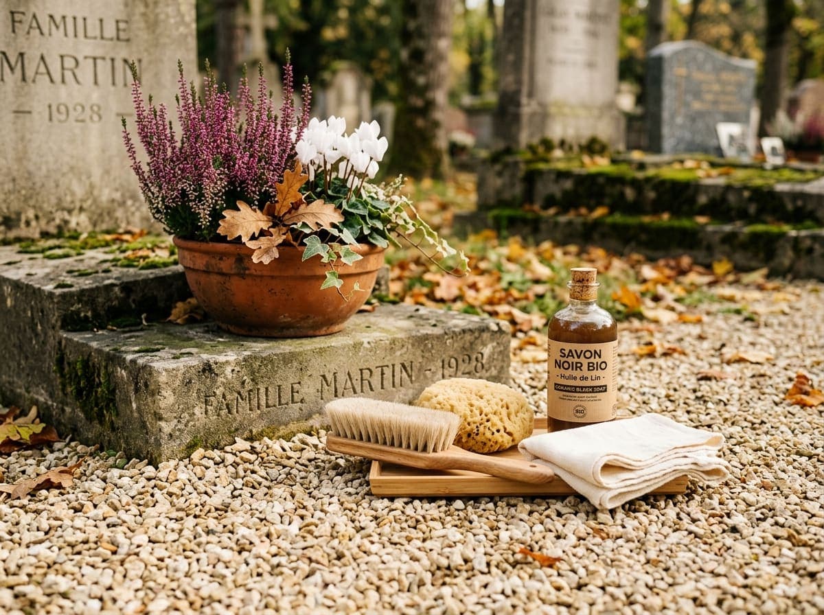 Matériel de soin écologique pour sépulture : savon noir bio, brosse crin et bruyère en pot